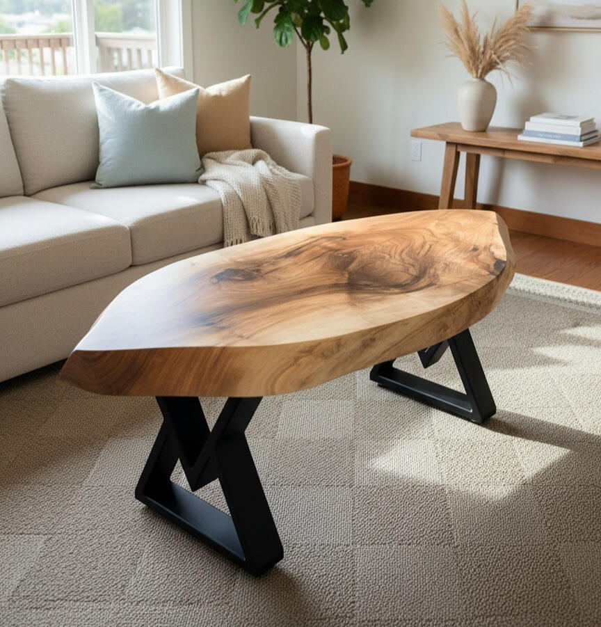 Forest Edge Tables Black Walnut Live Edge Coffee Table with Beautiful Wood grain and Metal Legs