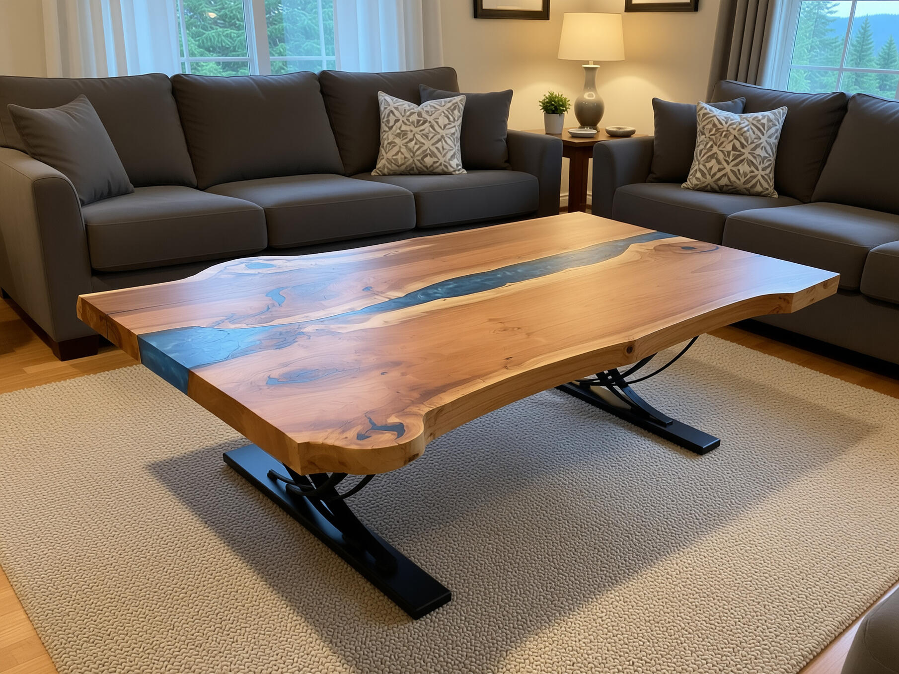 Forest Edge Tables Epoxy River Table with Live Edge Maple and Custom Steel Legs