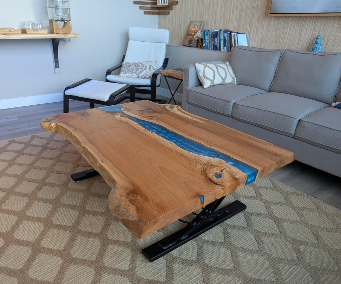 Forest Edge Tables Blue Epoxy River Table with Live Edge Maple and Custom Steel Legs