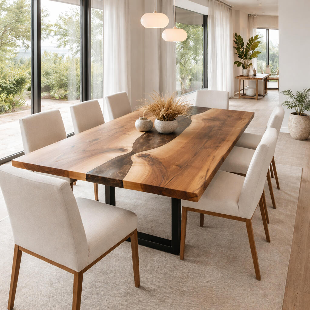 Forest Edge Dining Table with Formal Edge Black Walnut Slabs and Amber Epoxy River Pour