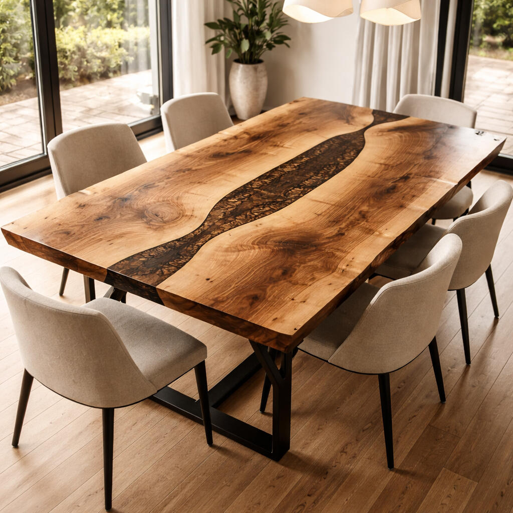 Forest Edge Dining Table with Live Edge Black Walnut Slabs and Amber Epoxy River Pour